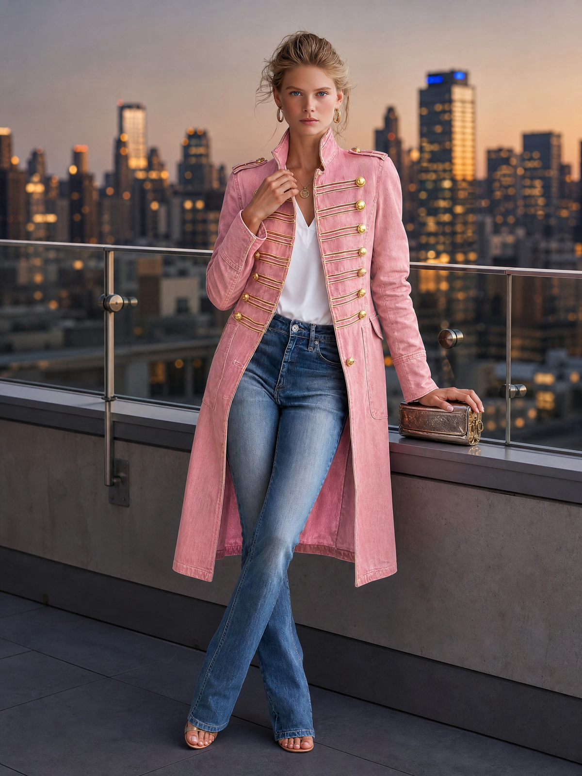 Vintage Washed Denim Longline Military Coat