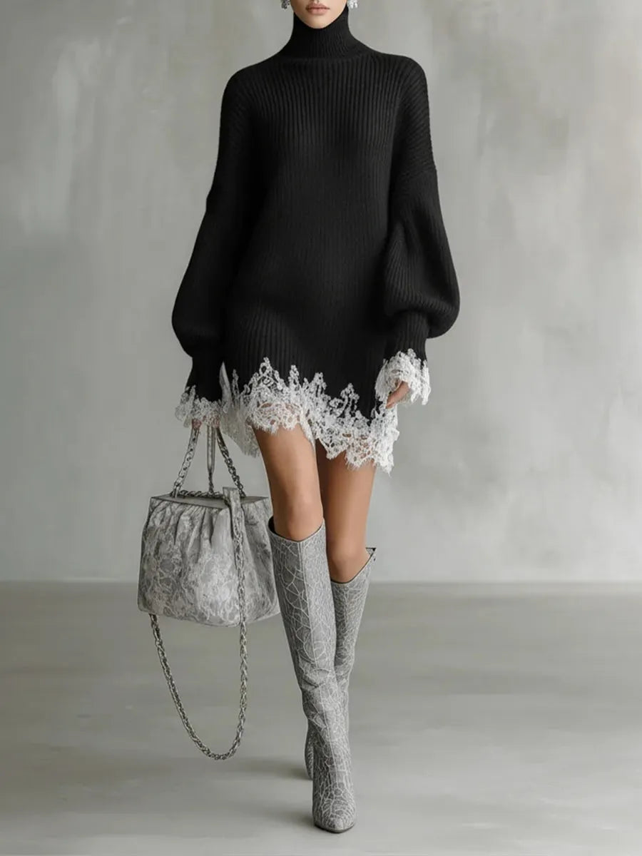 Lace-Trimmed High-Neck Loose-Fit Knit Mini Dress