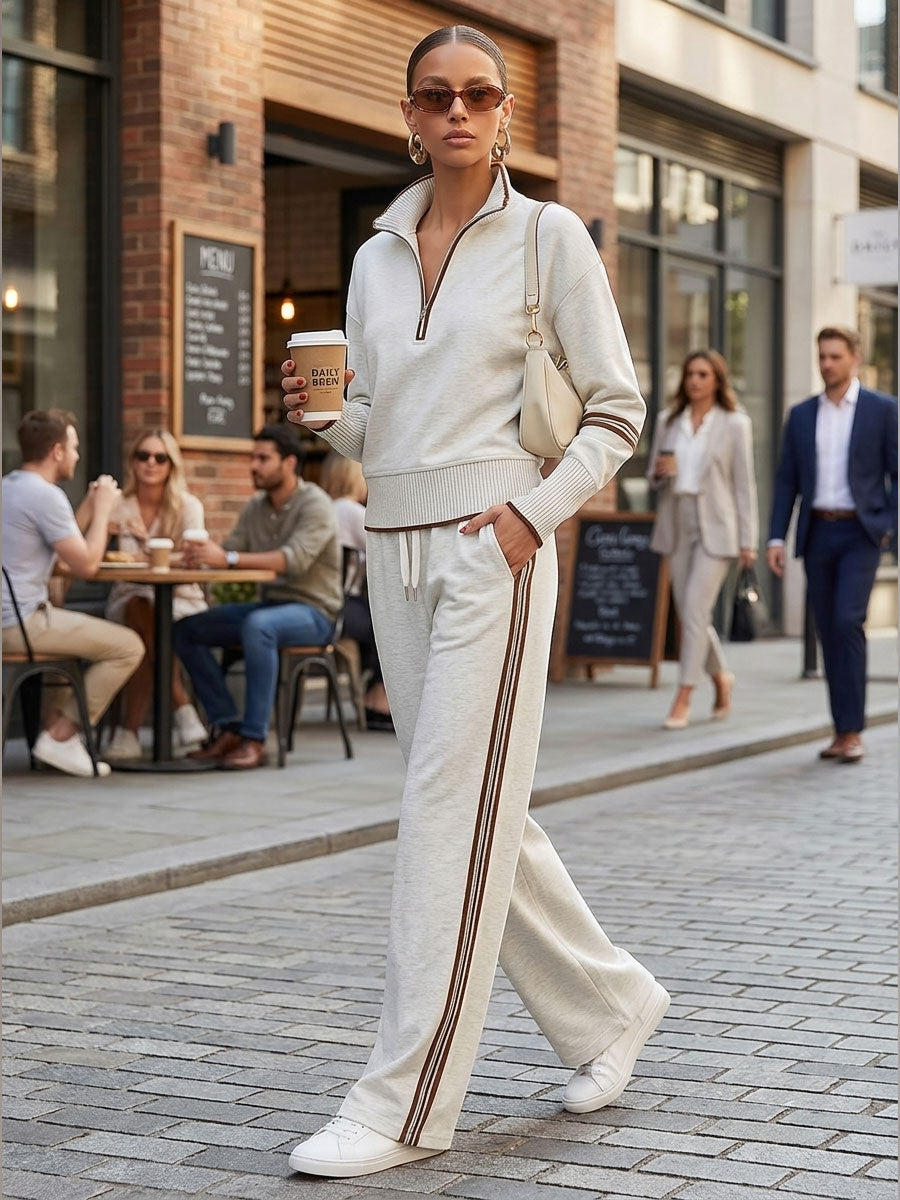 Grey-White Half-Zip Sweatshirt & Wide-Leg Trousers Set