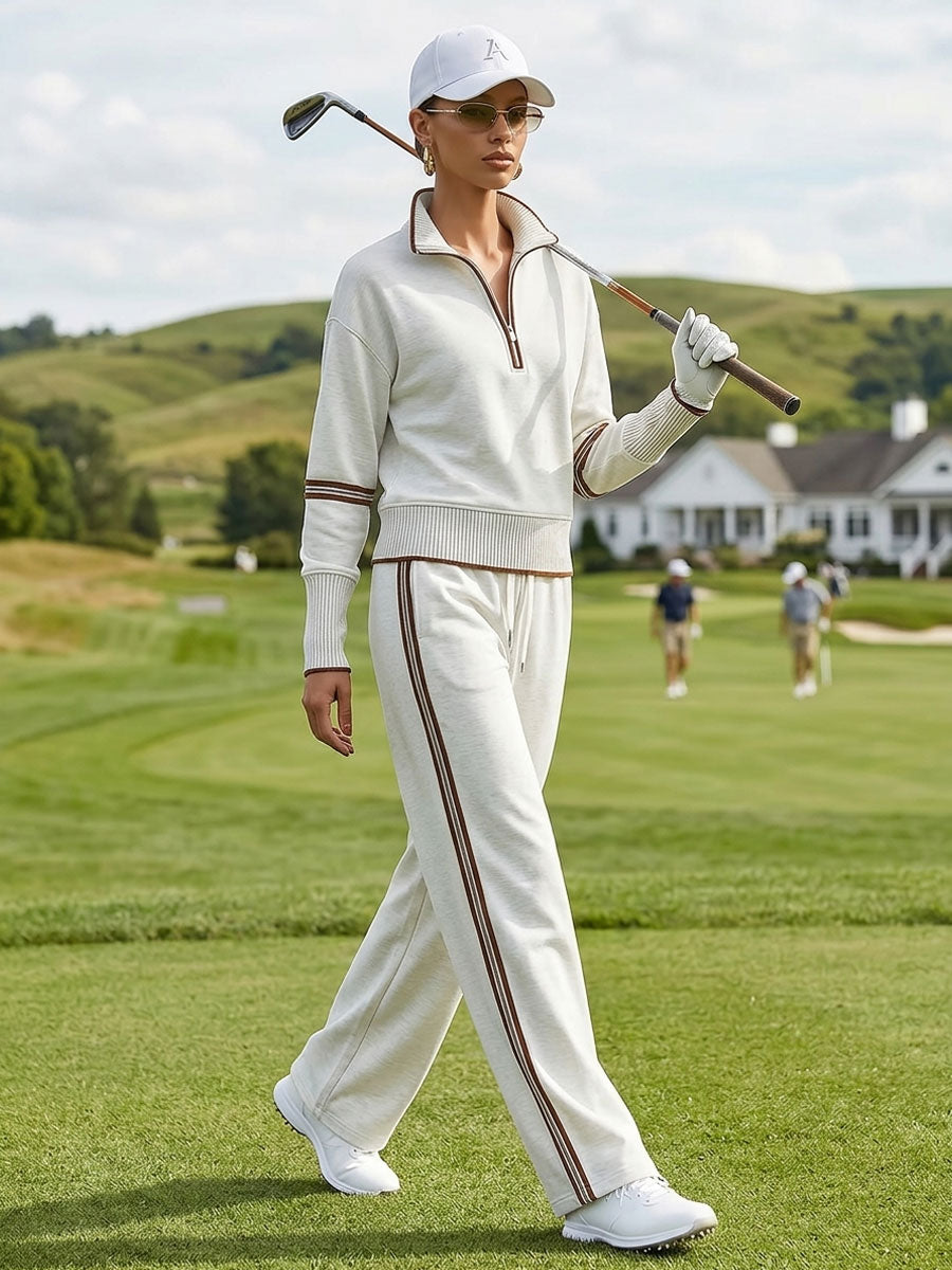 Grey-White Half-Zip Sweatshirt & Wide-Leg Trousers Set