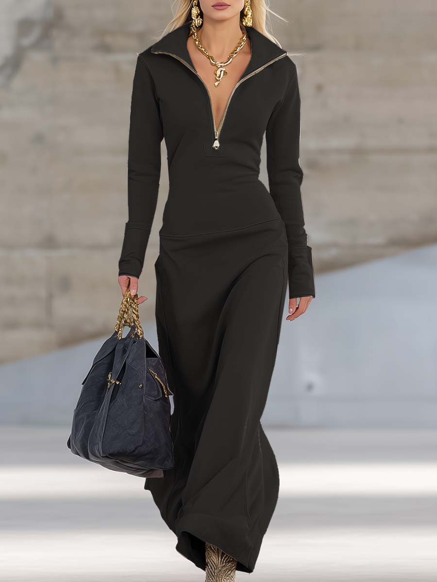 Sporty Half-Zip Long-Sleeve Maxi Dress