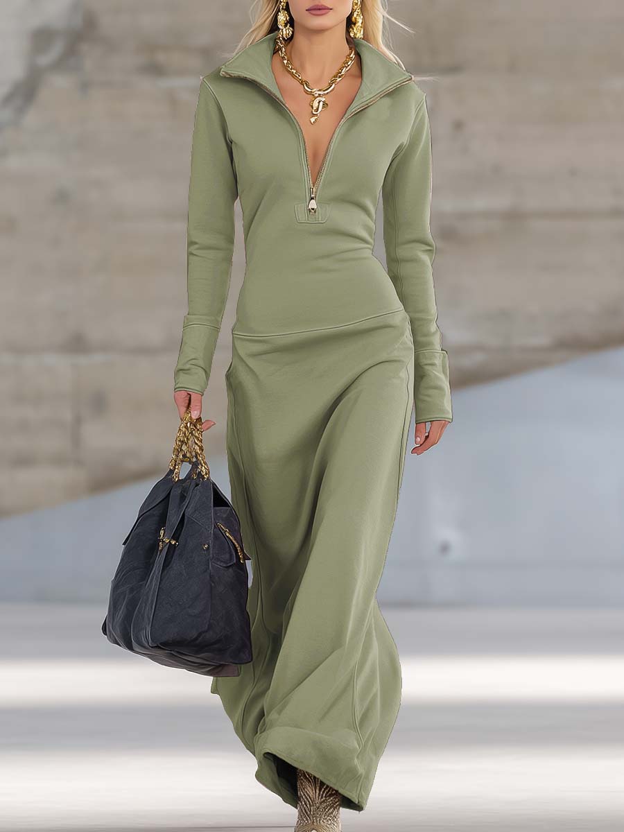 Sporty Half-Zip Long-Sleeve Maxi Dress