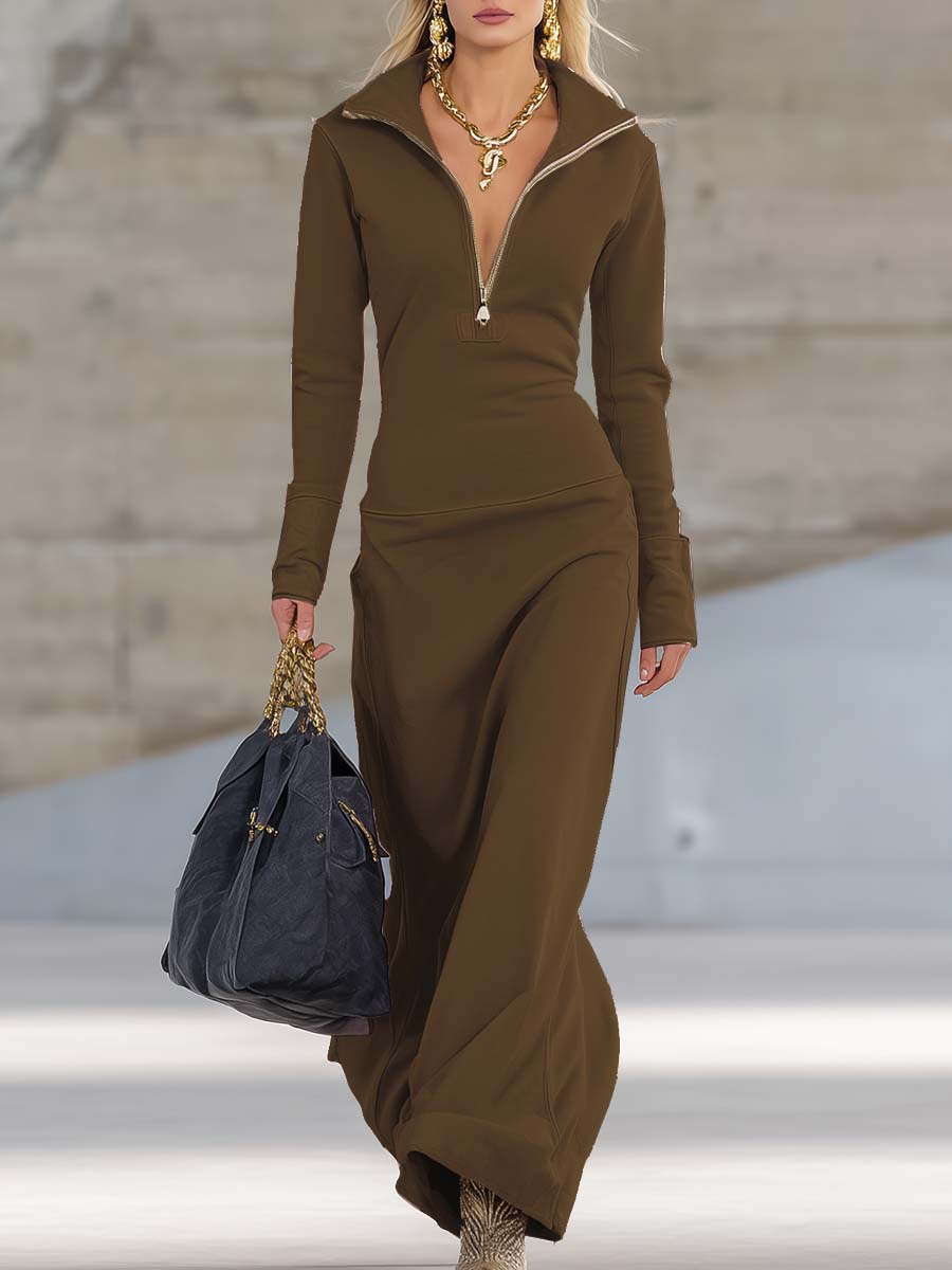 Sporty Half-Zip Long-Sleeve Maxi Dress