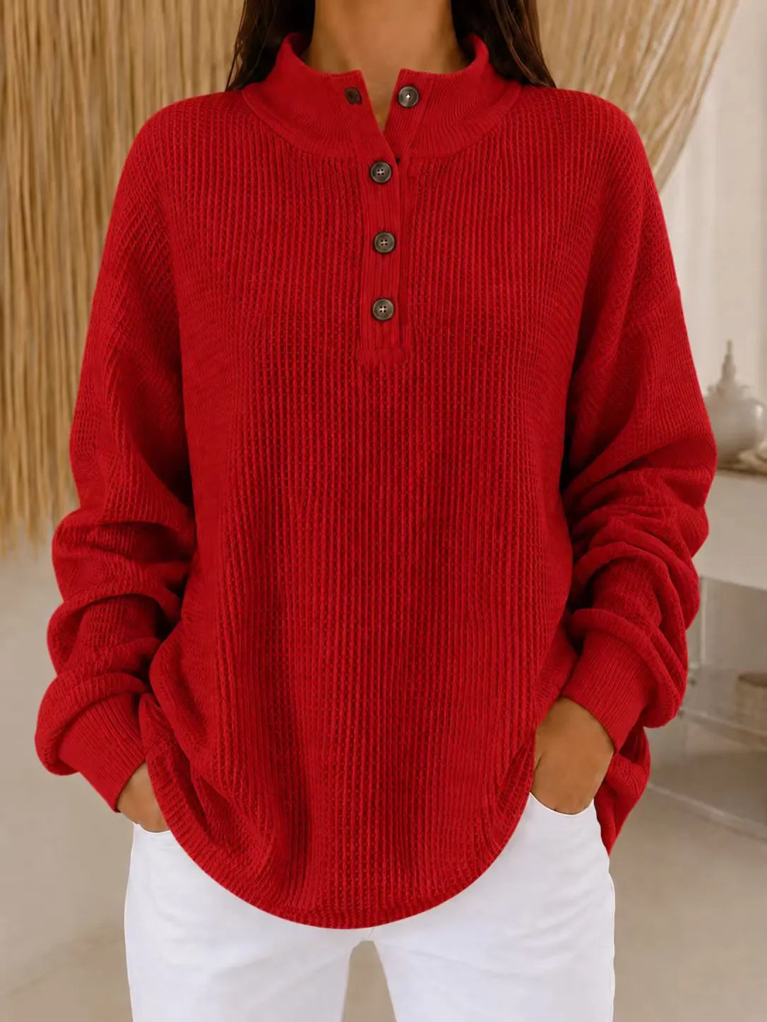 Belliora | Button-Neck Textured Knit Sweater