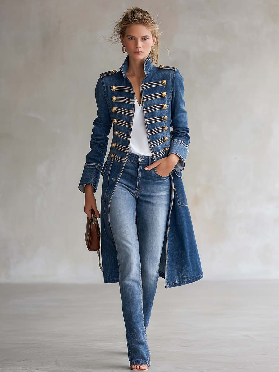 Vintage Washed Denim Longline Military Coat