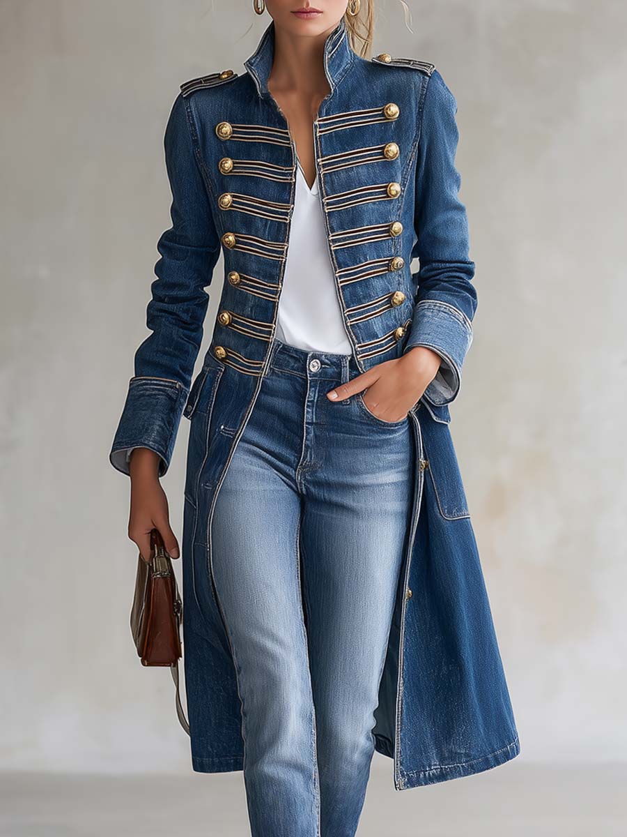 Vintage Washed Denim Longline Military Coat