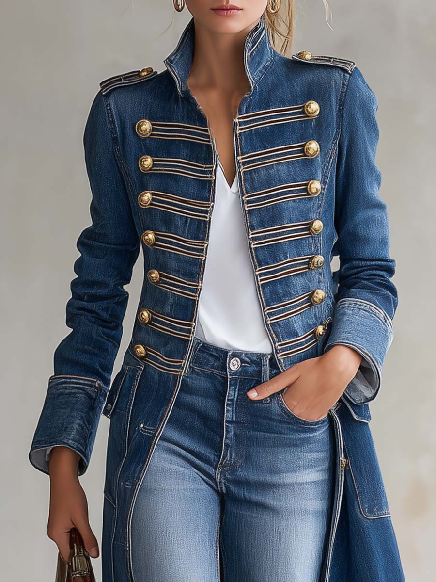Vintage Washed Denim Longline Military Coat