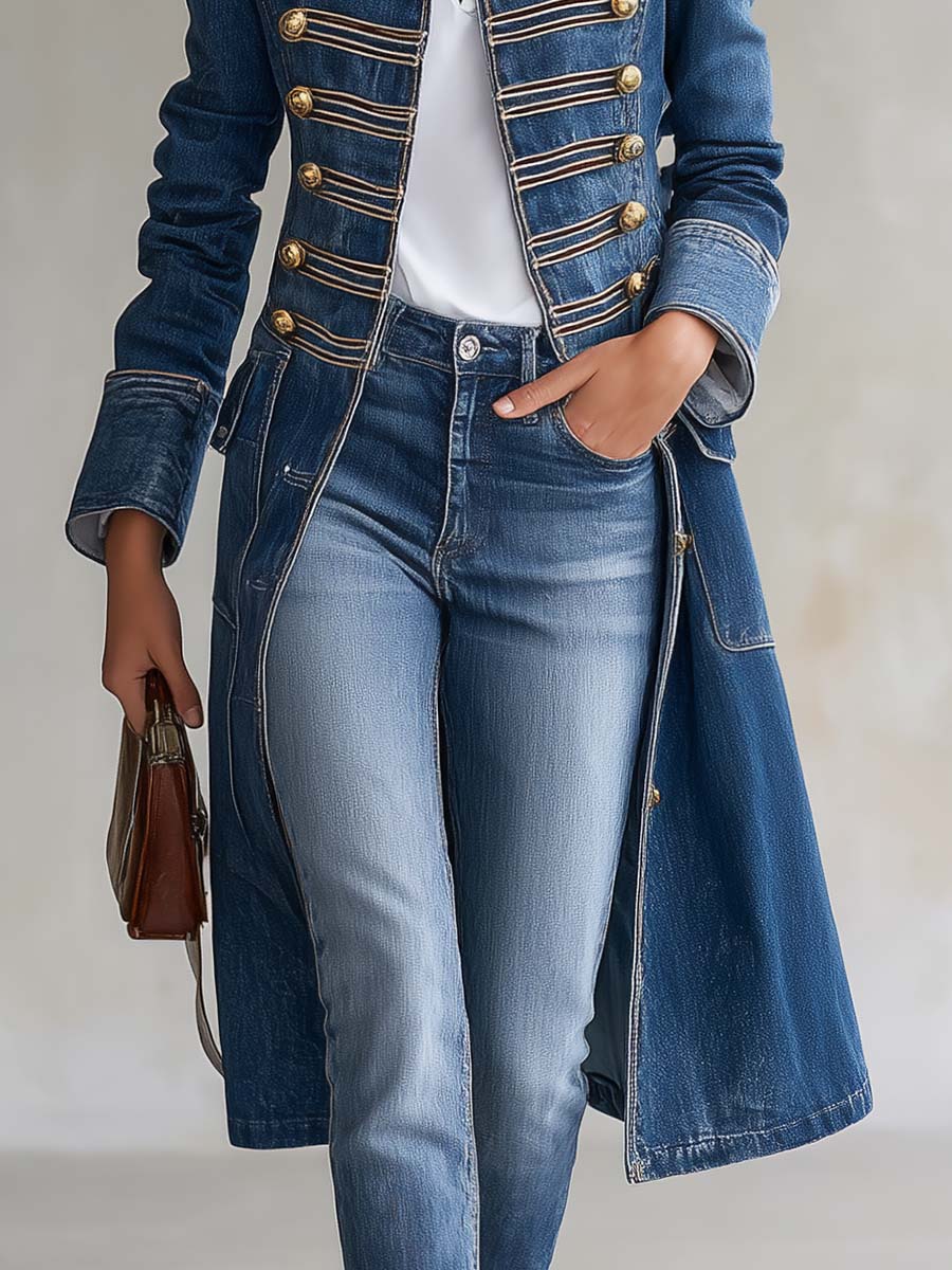 Vintage Washed Denim Longline Military Coat