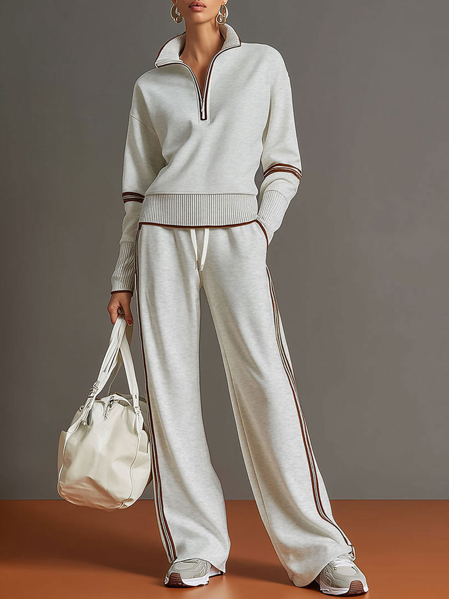 Grey-White Half-Zip Sweatshirt & Wide-Leg Trousers Set
