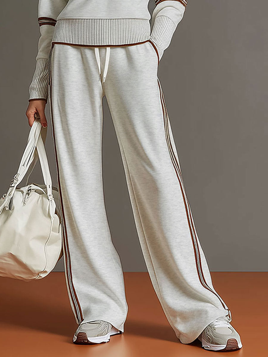 Grey-White Half-Zip Sweatshirt & Wide-Leg Trousers Set