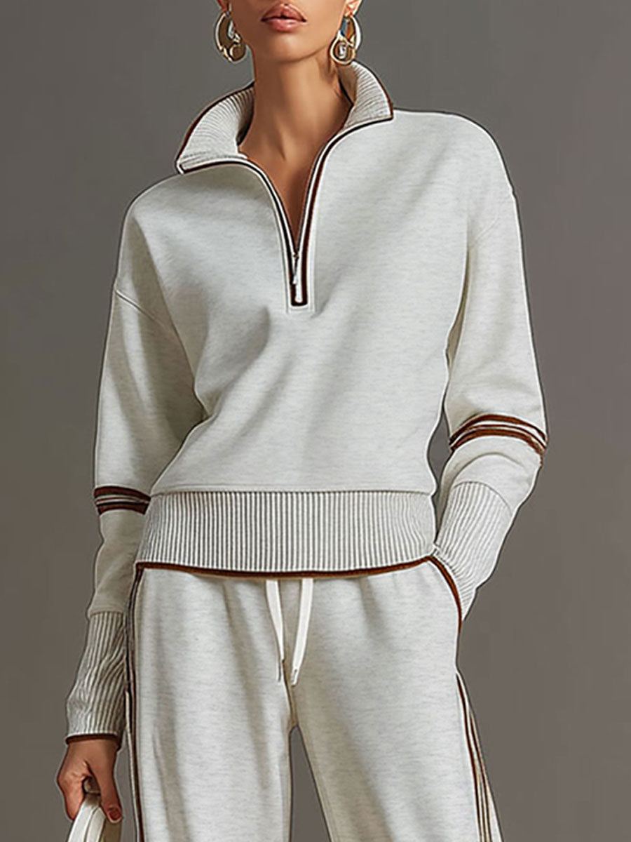 Grey-White Half-Zip Sweatshirt & Wide-Leg Trousers Set