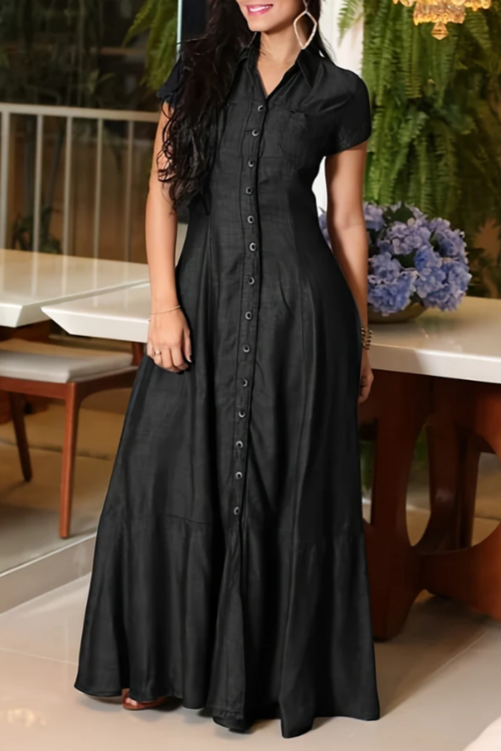 Hera | Short-Sleeve Button-Front Denim Maxi Dress