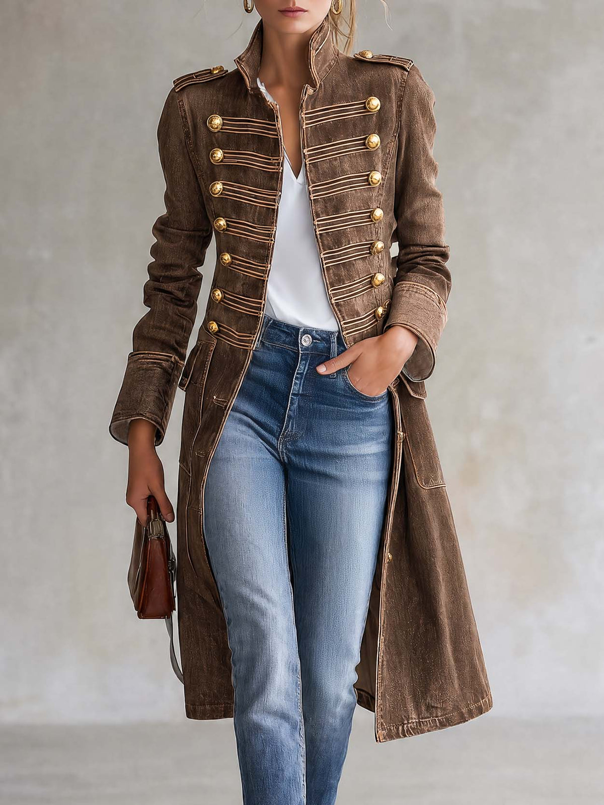 Vintage Washed Denim Longline Military Coat