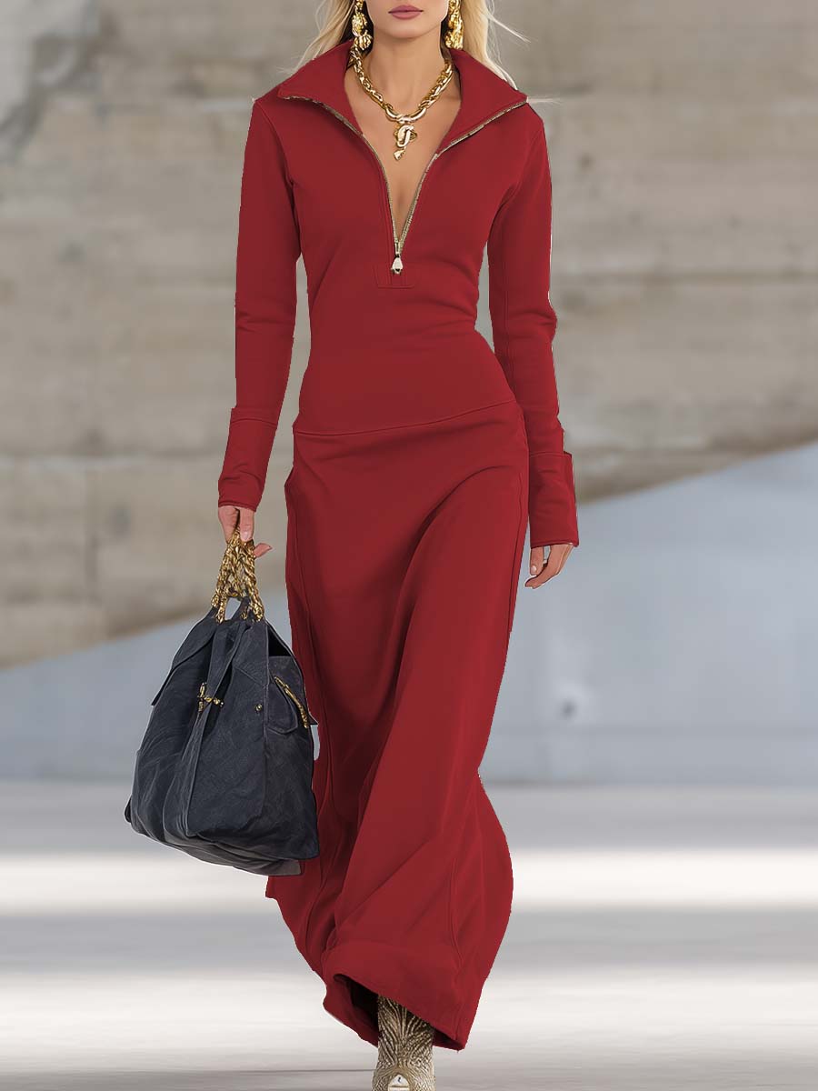 Sporty Half-Zip Long-Sleeve Maxi Dress