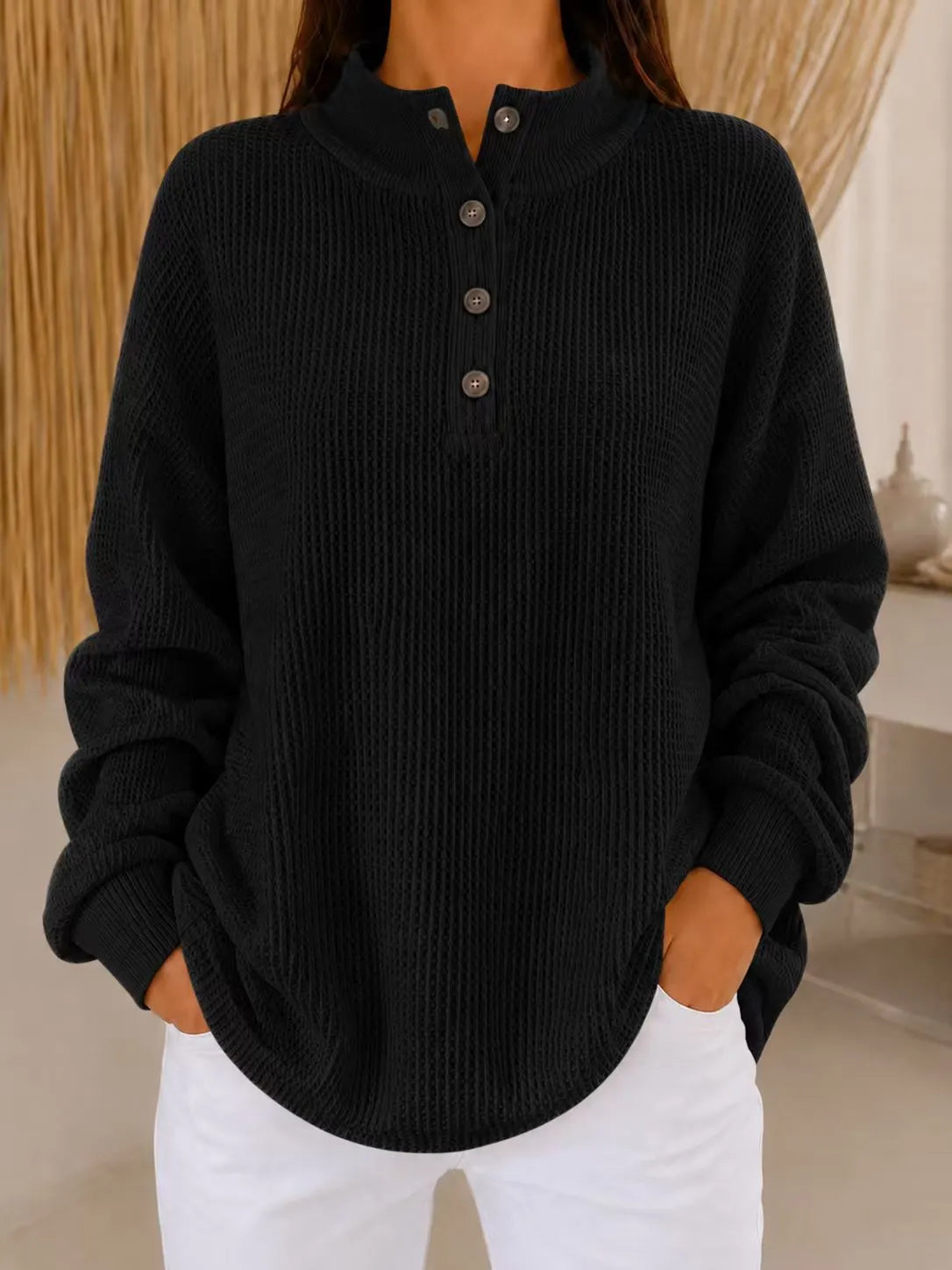 Belliora | Button-Neck Textured Knit Sweater