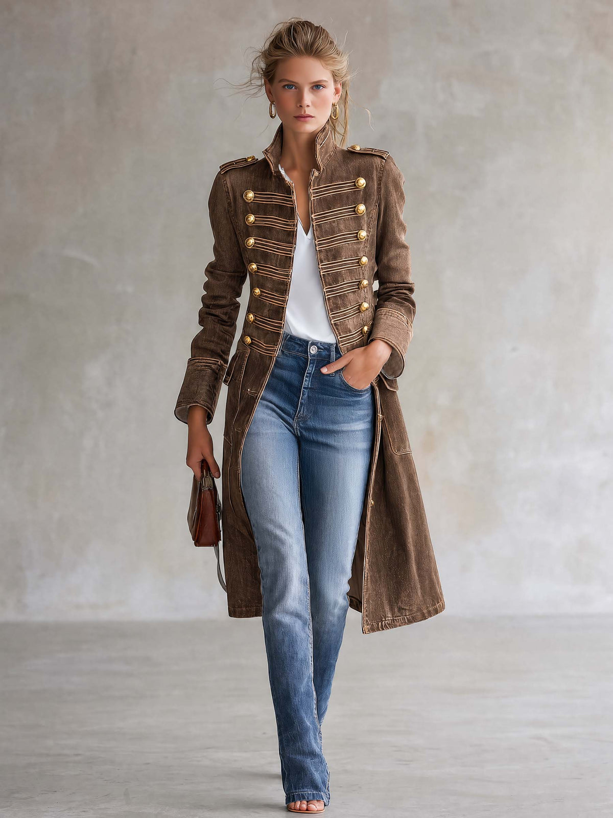 Vintage Washed Denim Longline Military Coat