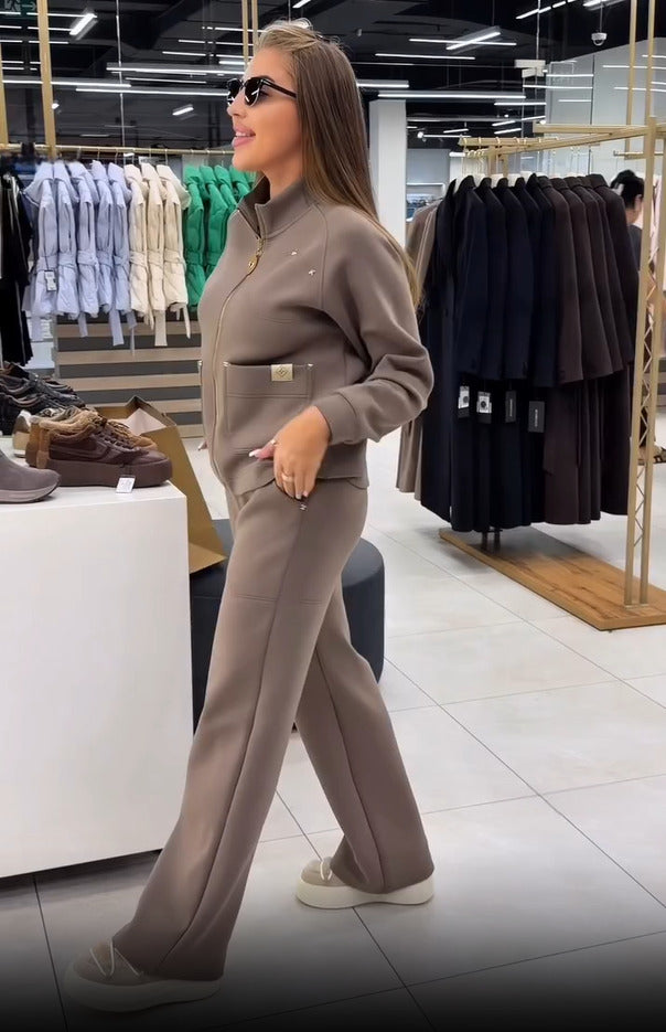 Floranique | Soft-Touch Cropped Jacket & Wide-Leg Trousers Set