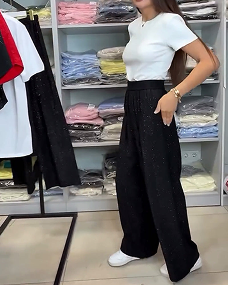 Elegant High-Waisted Shiny Wide Leg Pants