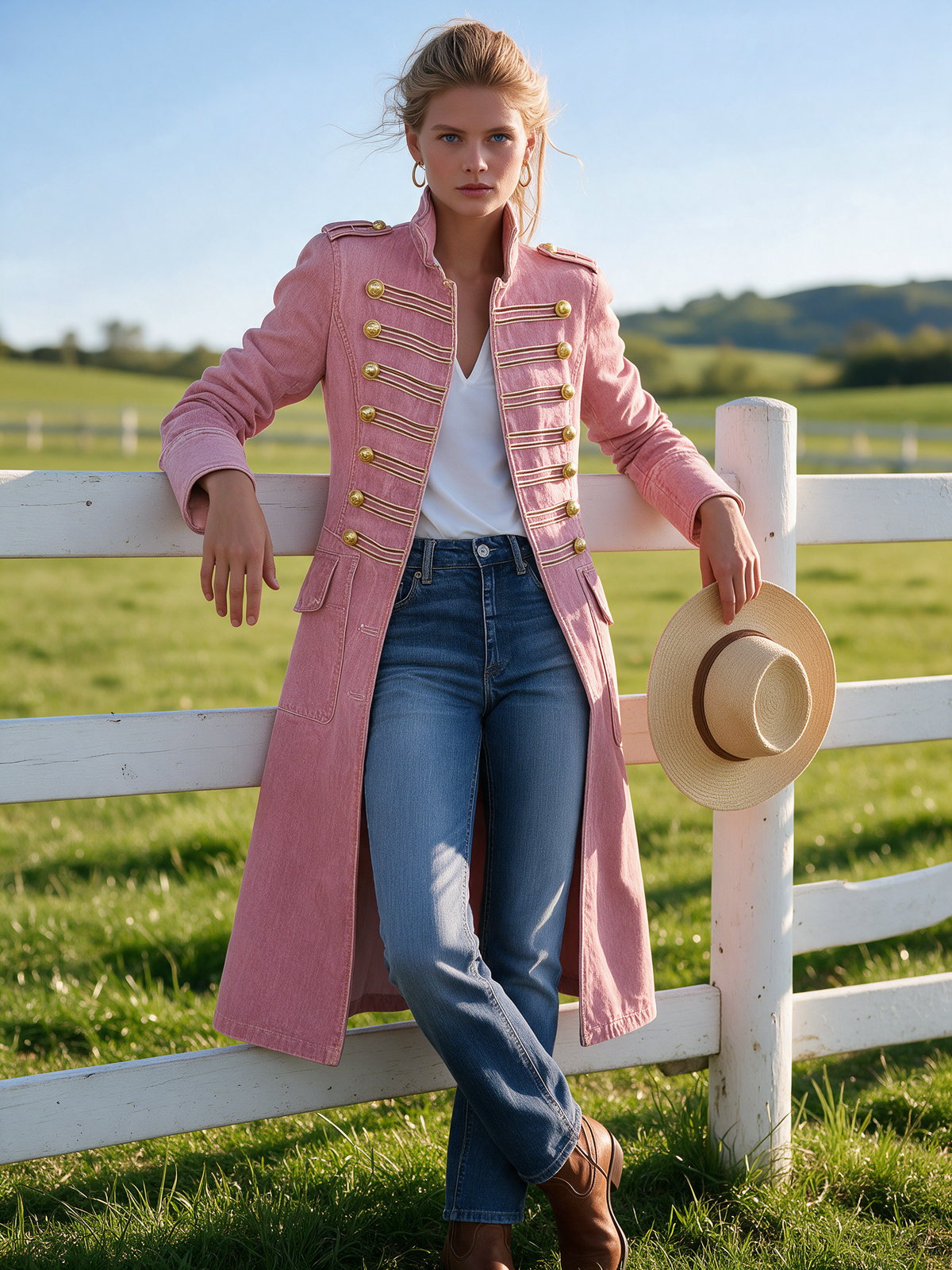 Vintage Washed Denim Longline Military Coat