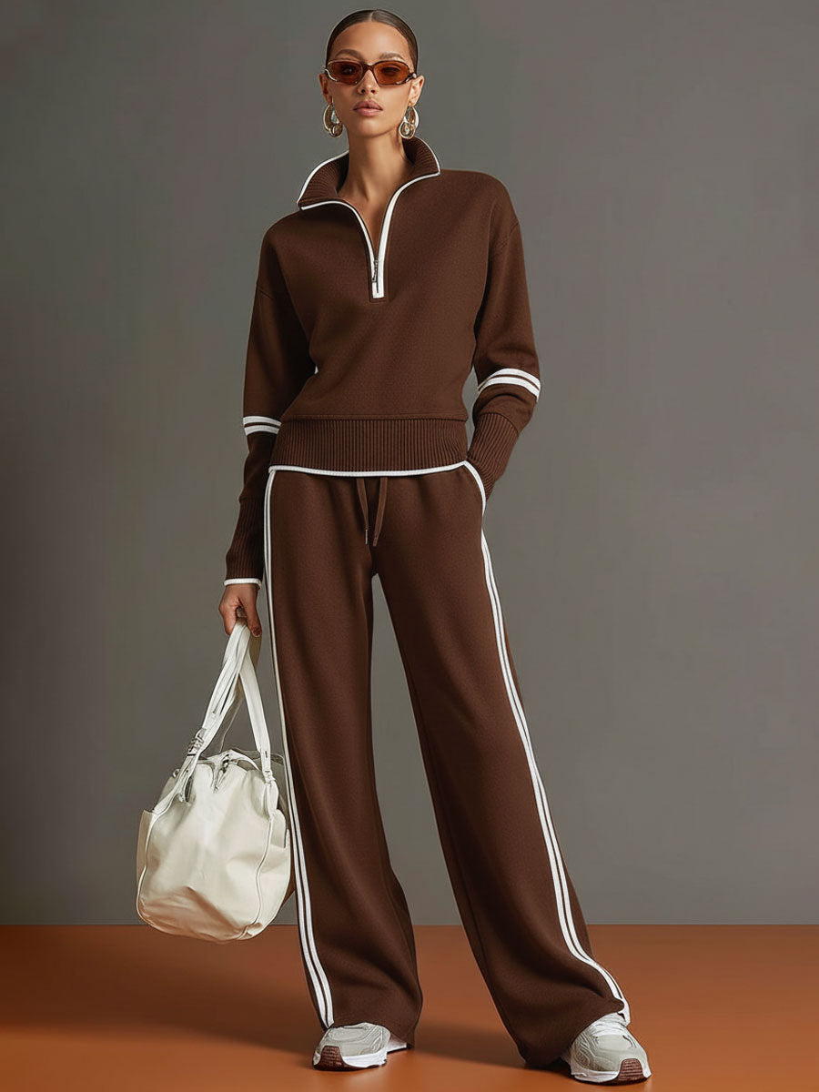 Grey-White Half-Zip Sweatshirt & Wide-Leg Trousers Set