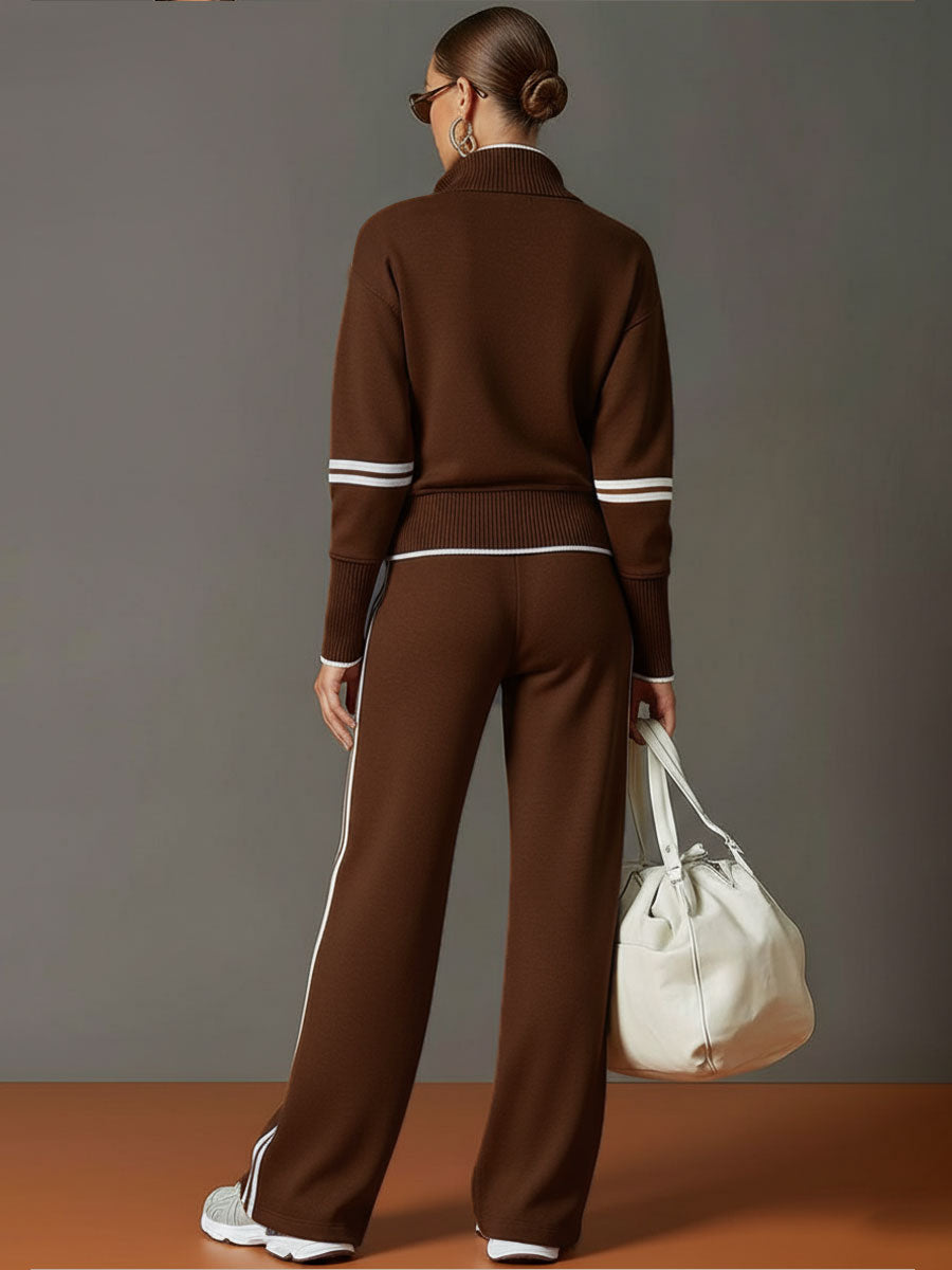 Grey-White Half-Zip Sweatshirt & Wide-Leg Trousers Set