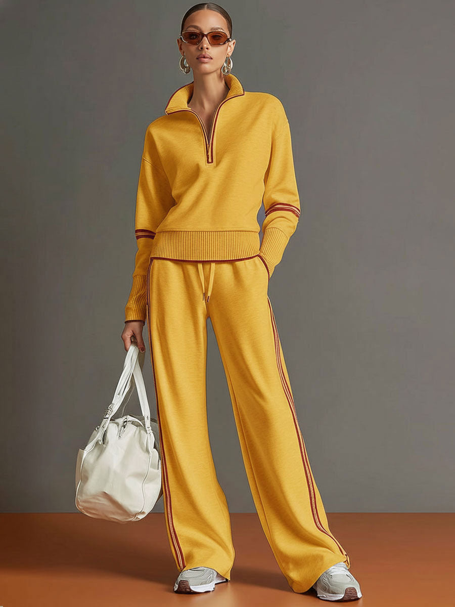 Grey-White Half-Zip Sweatshirt & Wide-Leg Trousers Set