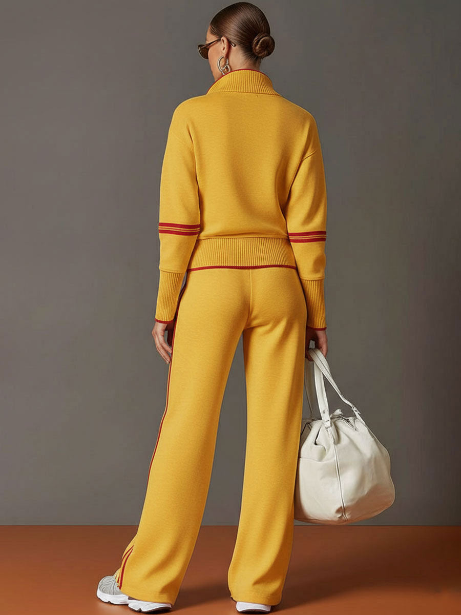 Grey-White Half-Zip Sweatshirt & Wide-Leg Trousers Set