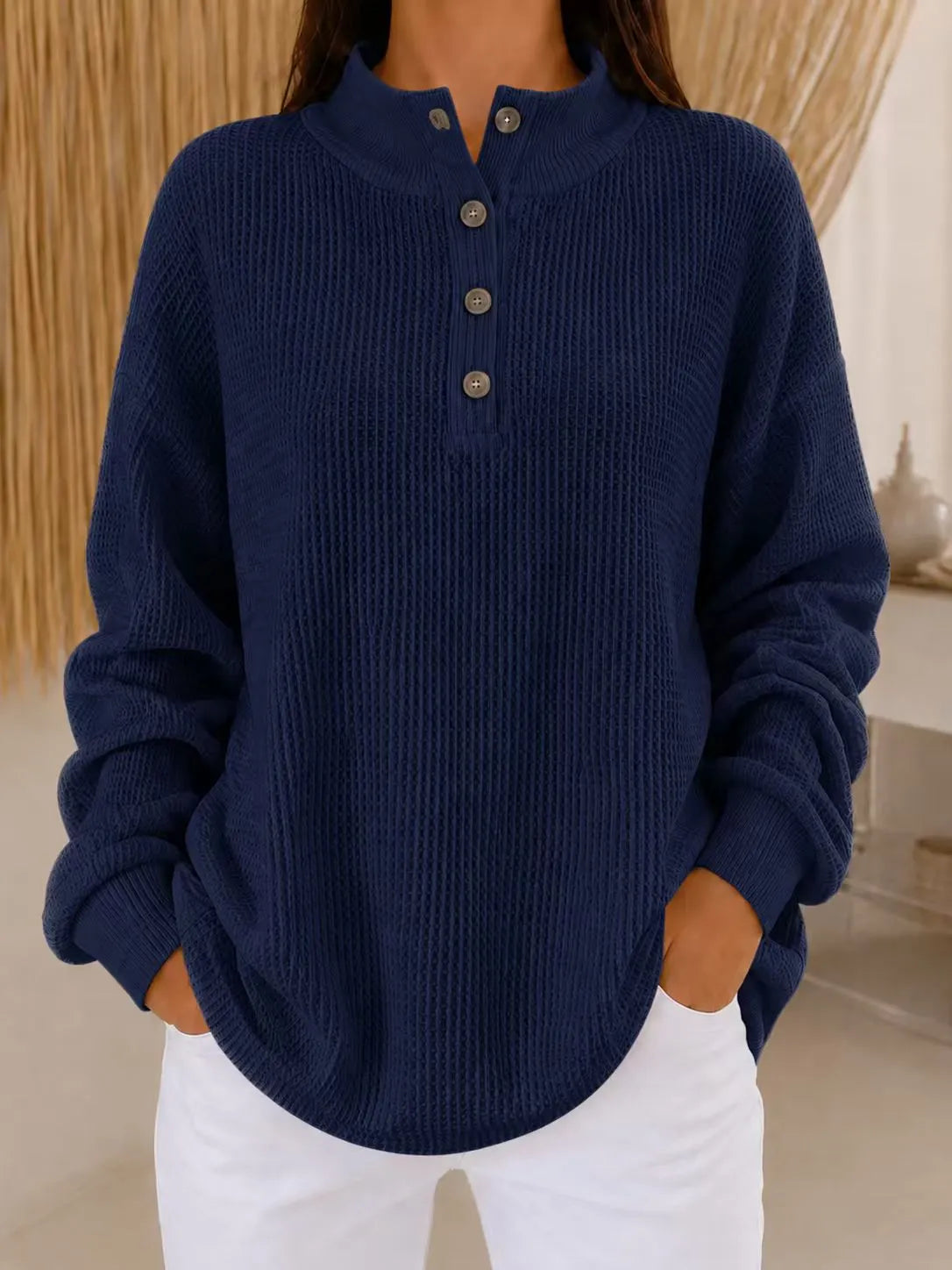 Belliora | Button-Neck Textured Knit Sweater
