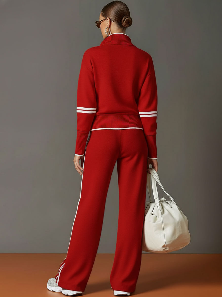Grey-White Half-Zip Sweatshirt & Wide-Leg Trousers Set