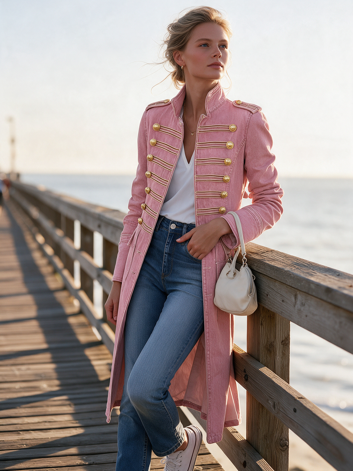 Vintage Washed Denim Longline Military Coat
