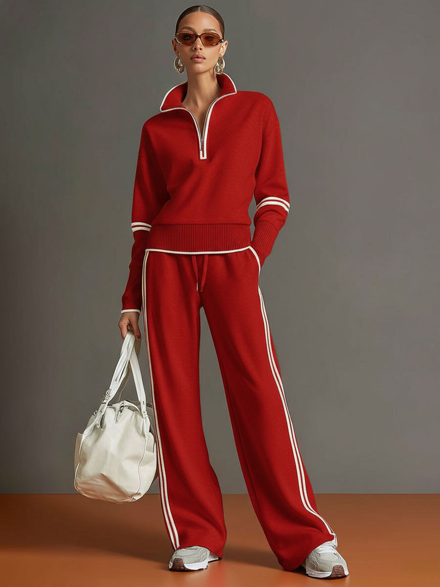 Grey-White Half-Zip Sweatshirt & Wide-Leg Trousers Set