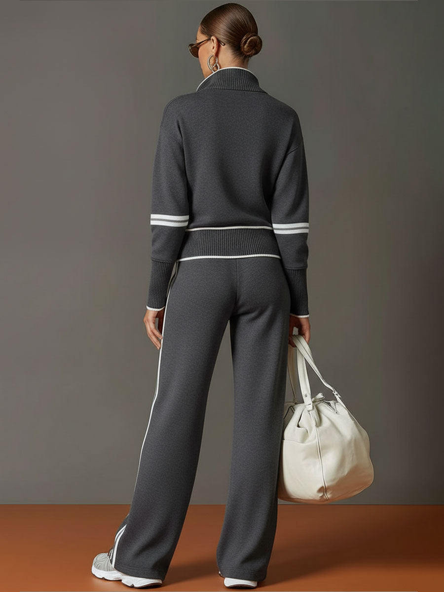 Grey-White Half-Zip Sweatshirt & Wide-Leg Trousers Set