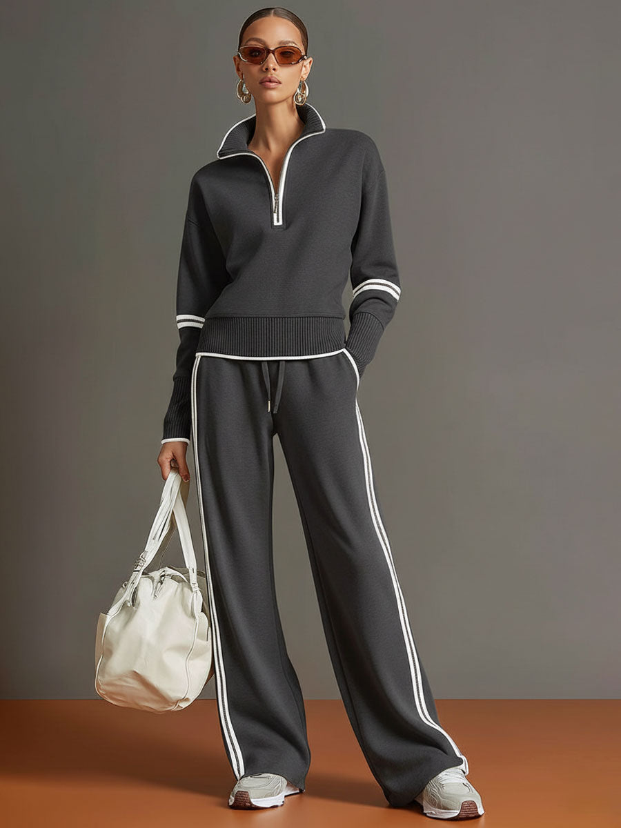 Grey-White Half-Zip Sweatshirt & Wide-Leg Trousers Set