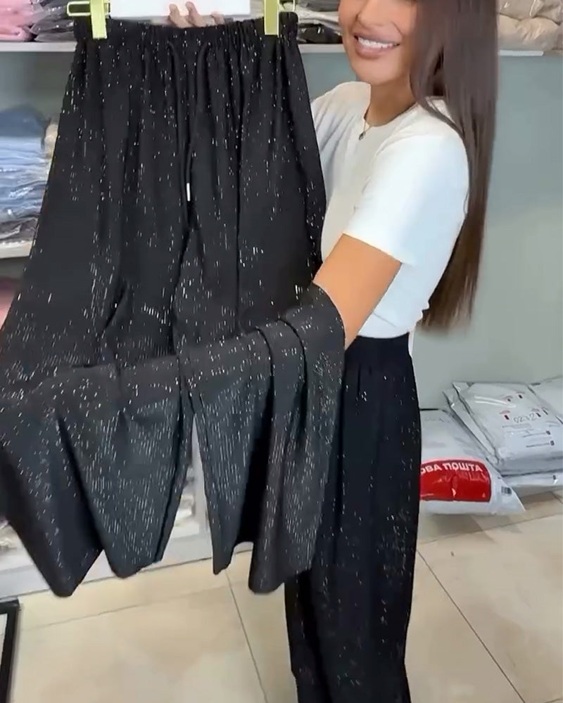 Elegant High-Waisted Shiny Wide Leg Pants