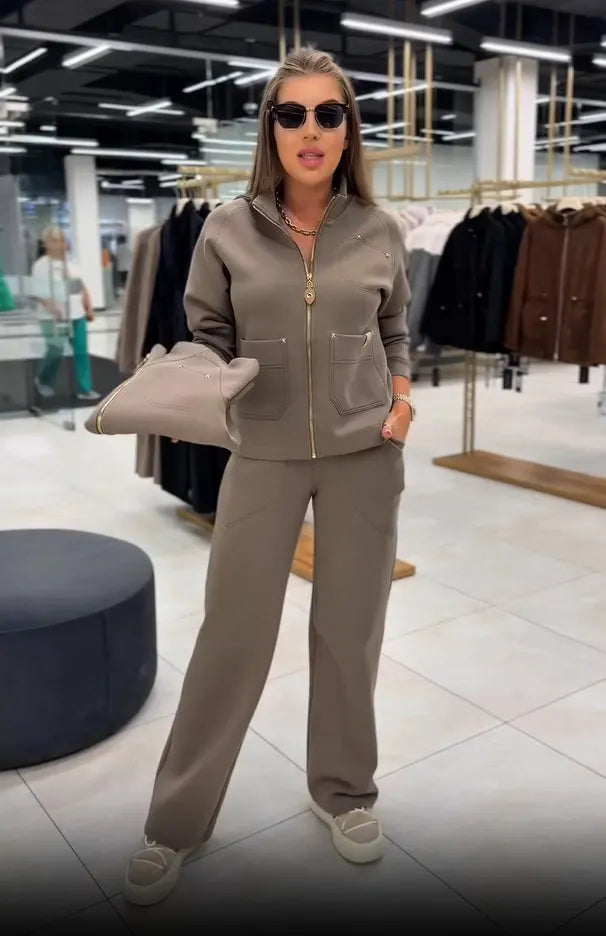 Floranique | Soft-Touch Cropped Jacket & Wide-Leg Trousers Set