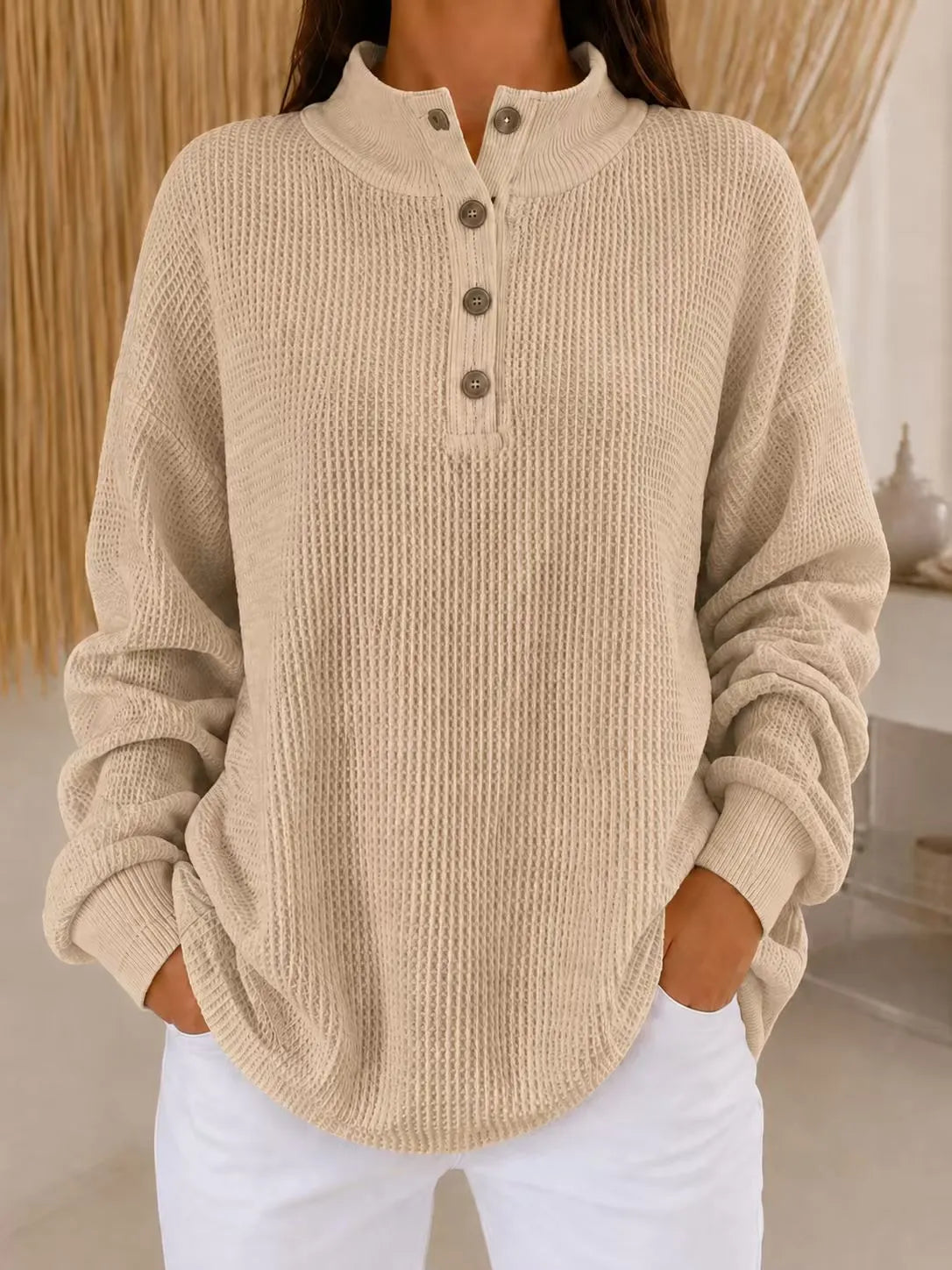 Belliora | Button-Neck Textured Knit Sweater