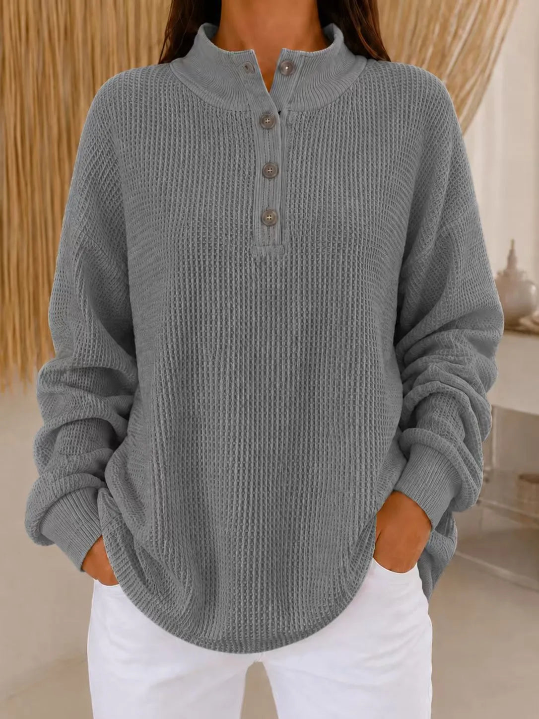 Belliora | Button-Neck Textured Knit Sweater