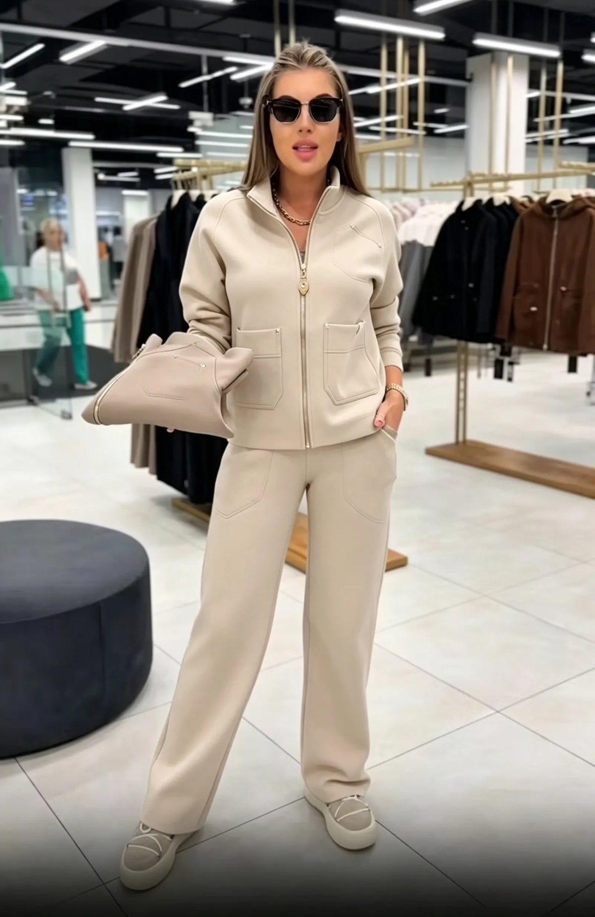 Floranique | Soft-Touch Cropped Jacket & Wide-Leg Trousers Set