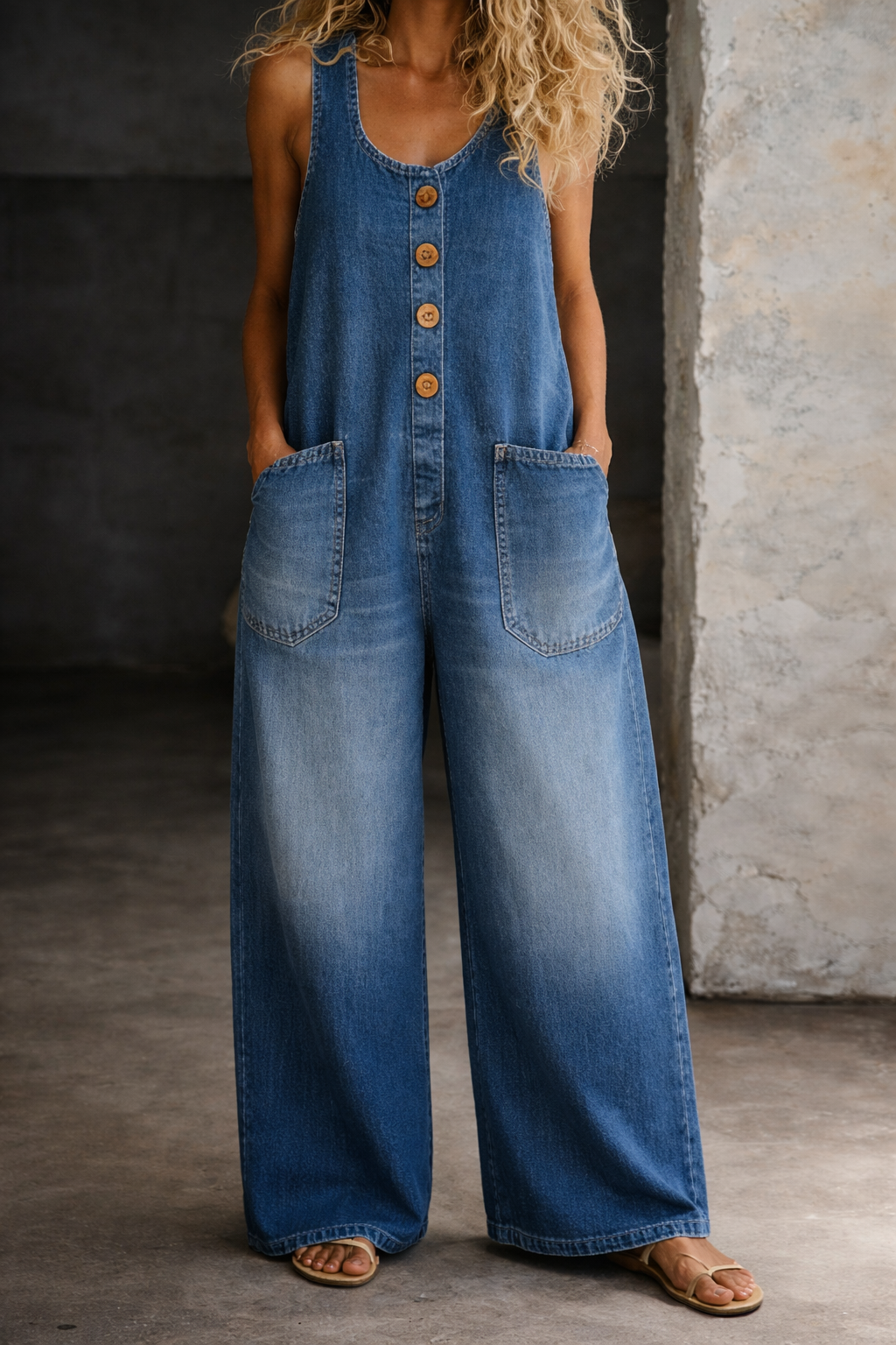 Saylor | Button-Front Wide-Leg Denim Dungarees