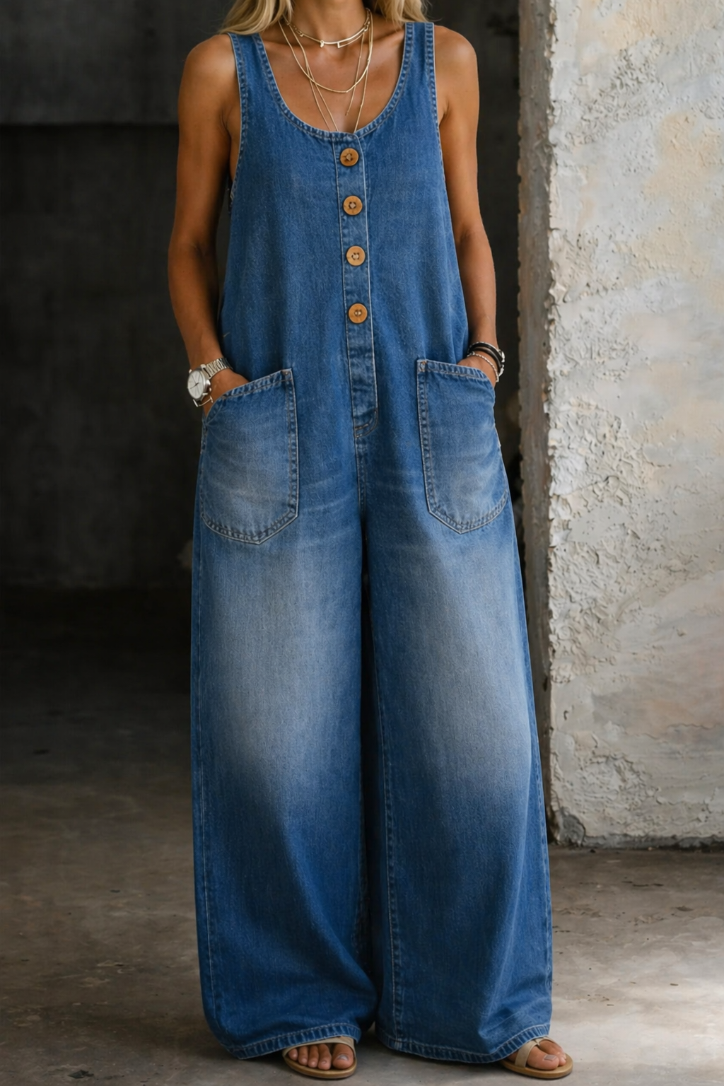 Saylor | Button-Front Wide-Leg Denim Dungarees