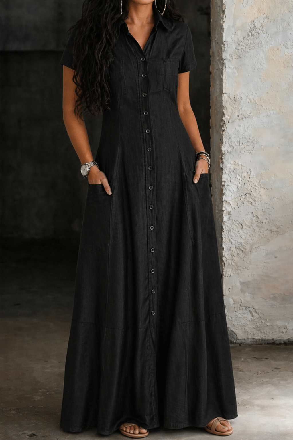 Hera | Short-Sleeve Button-Front Denim Maxi Dress
