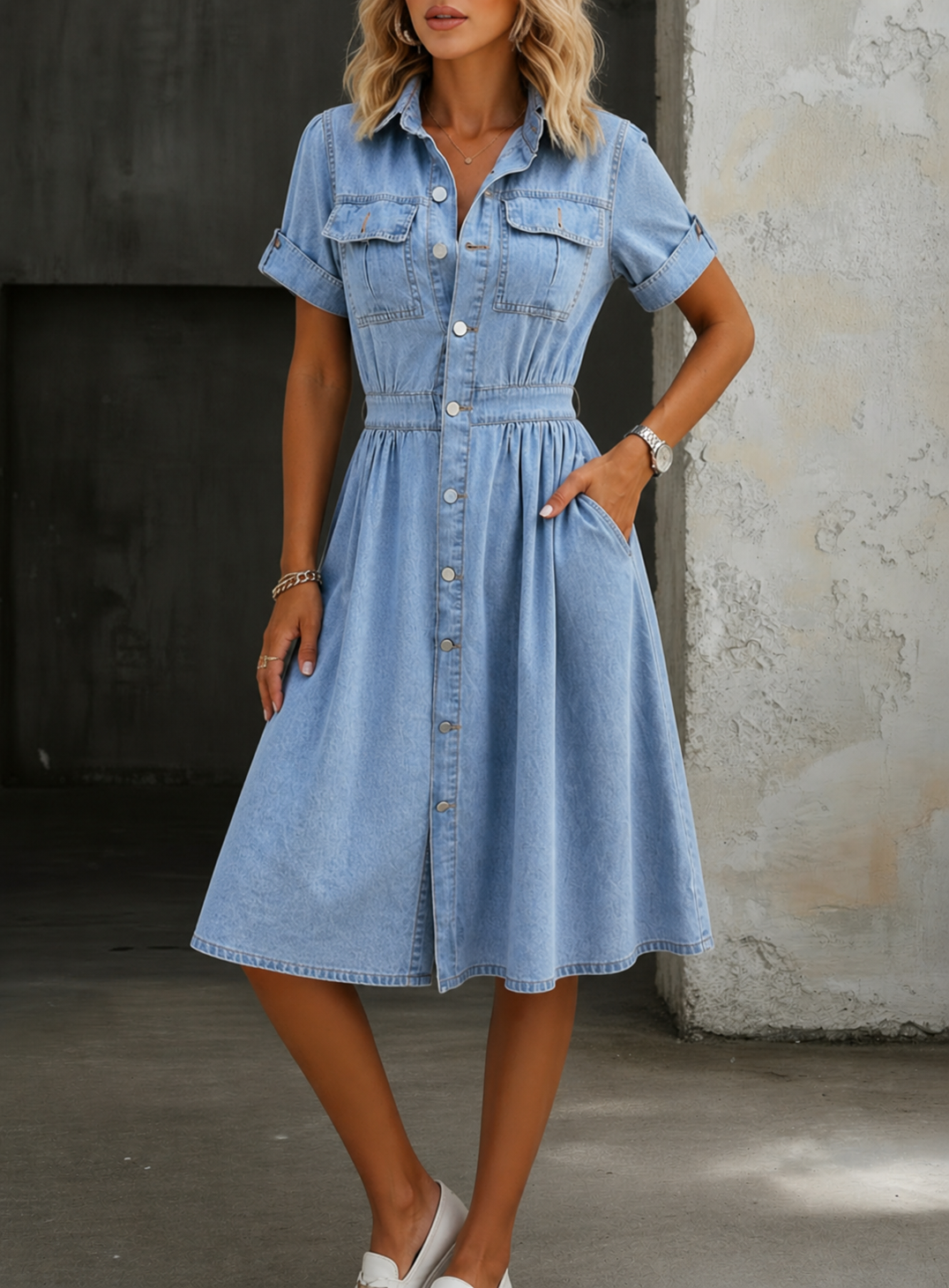 Deborah | Light-Wash Button-Front Denim Midi Dress