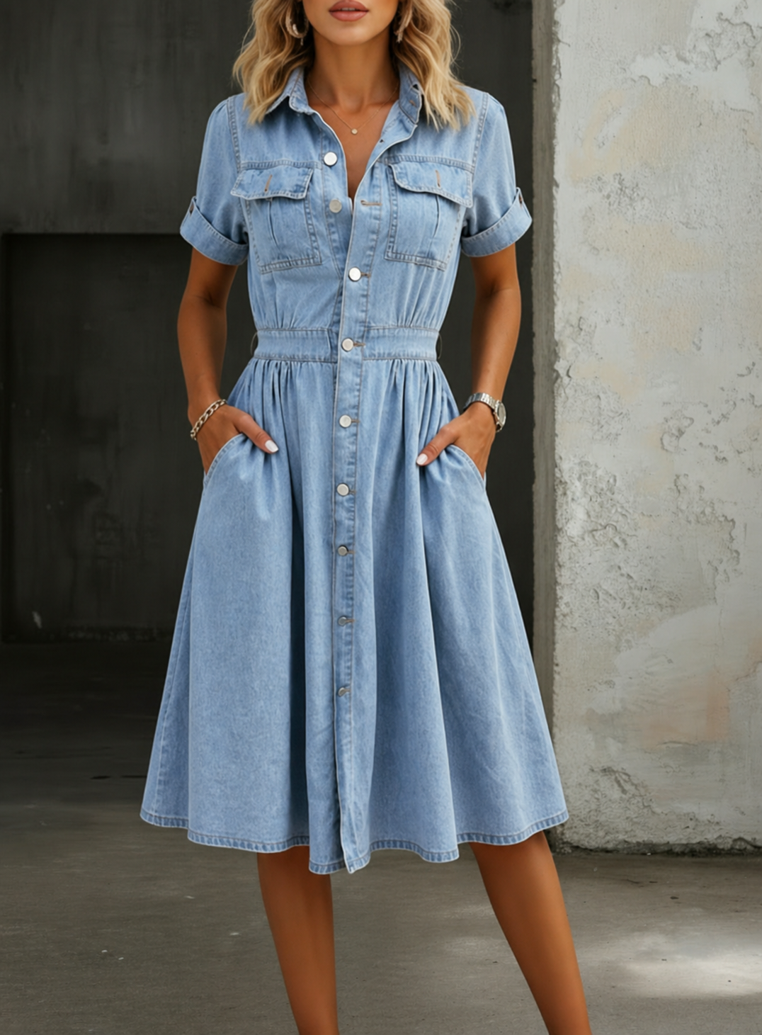 Deborah | Light-Wash Button-Front Denim Midi Dress