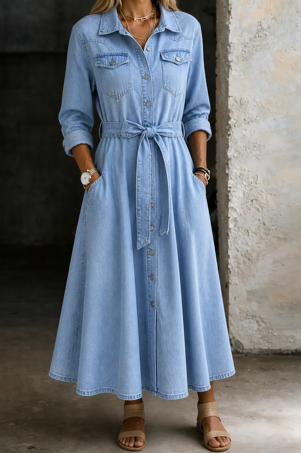 Luna | Belted Long-Sleeve Denim Shirt Dress