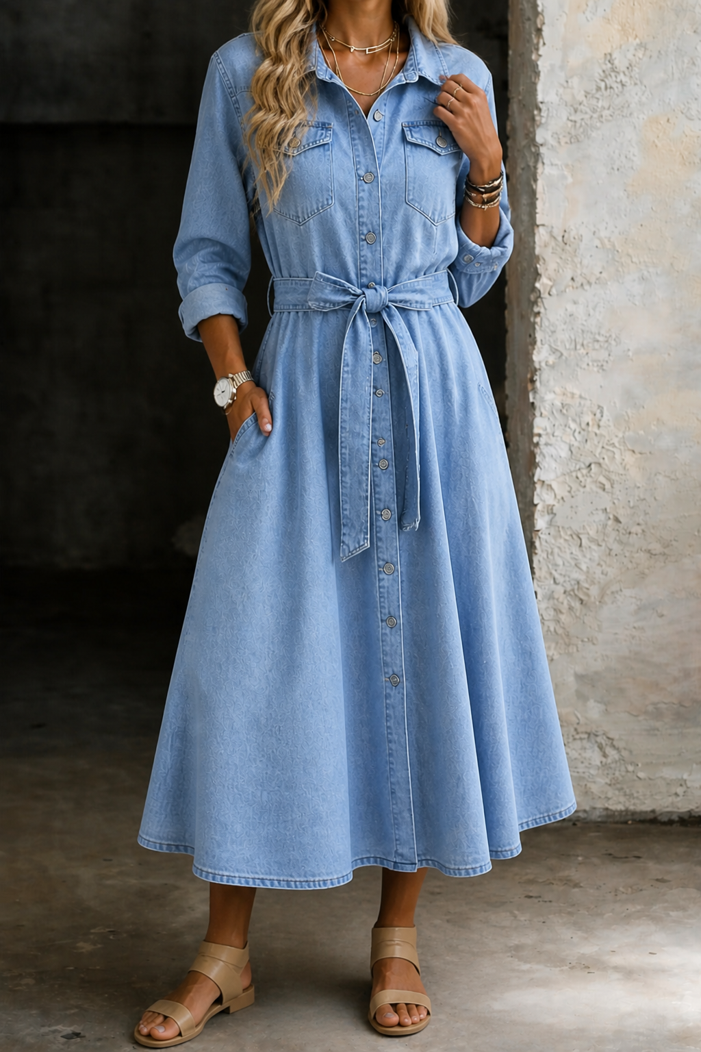 Luna | Belted Long-Sleeve Denim Shirt Dress