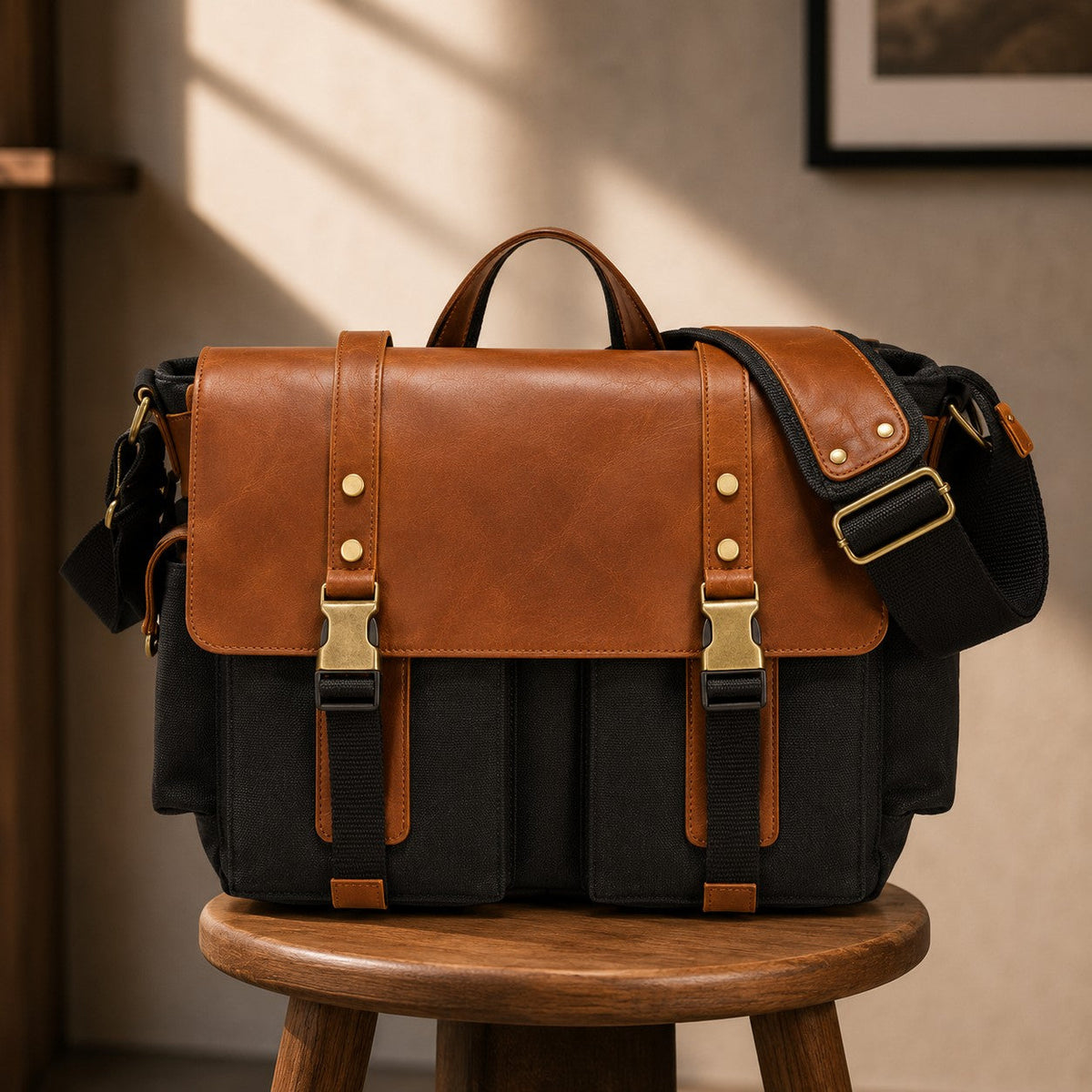 DOUBLE BUCKLE LEATHER SATCHEL