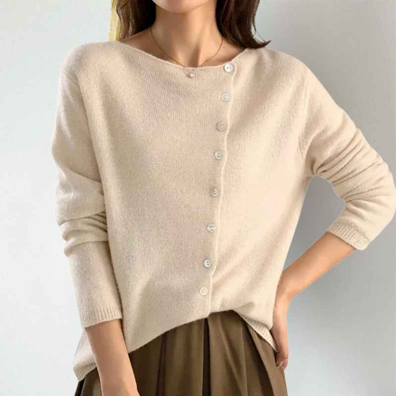 KATE – CHIC ASYMMETRICAL BUTTON CARDIGAN