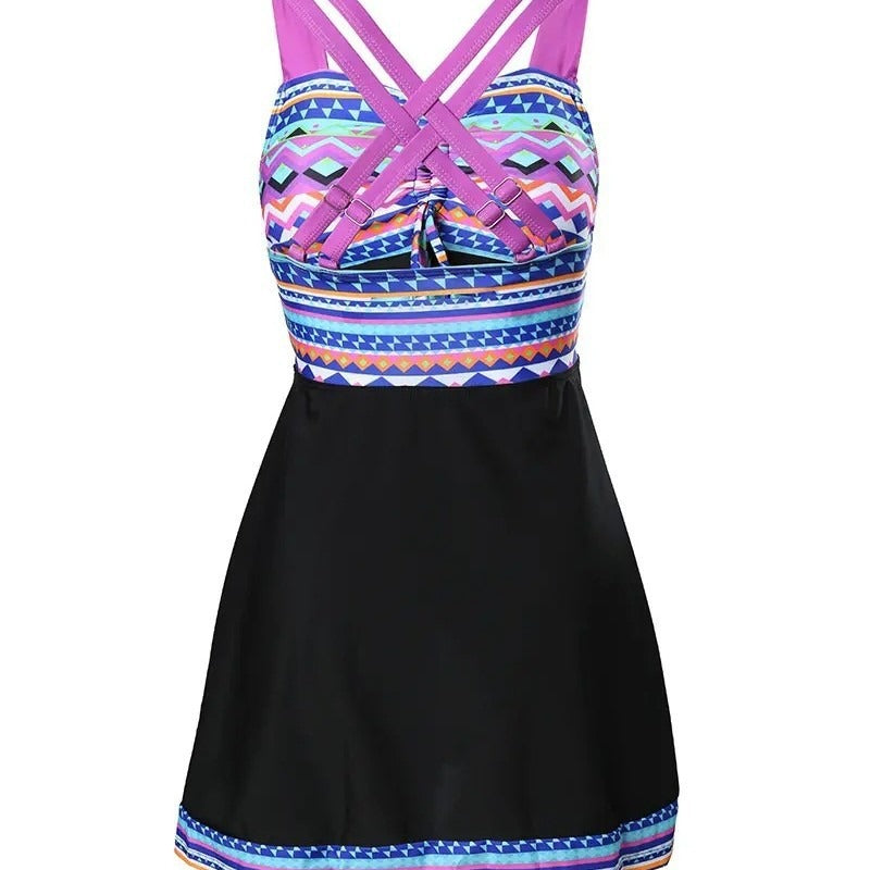Elin | Tankini Zwemrok Geometrisch Patroon Trekkoord