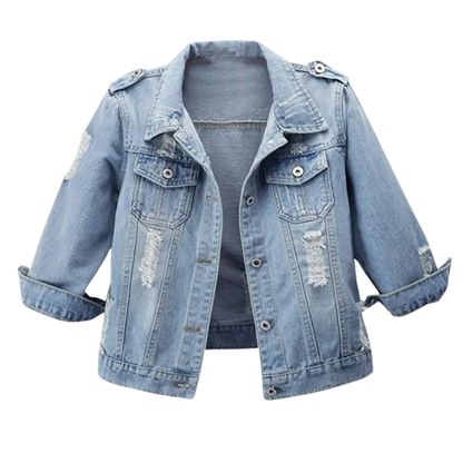 FRANKIE™ – Distressed Cropped Washed Denim Jacket