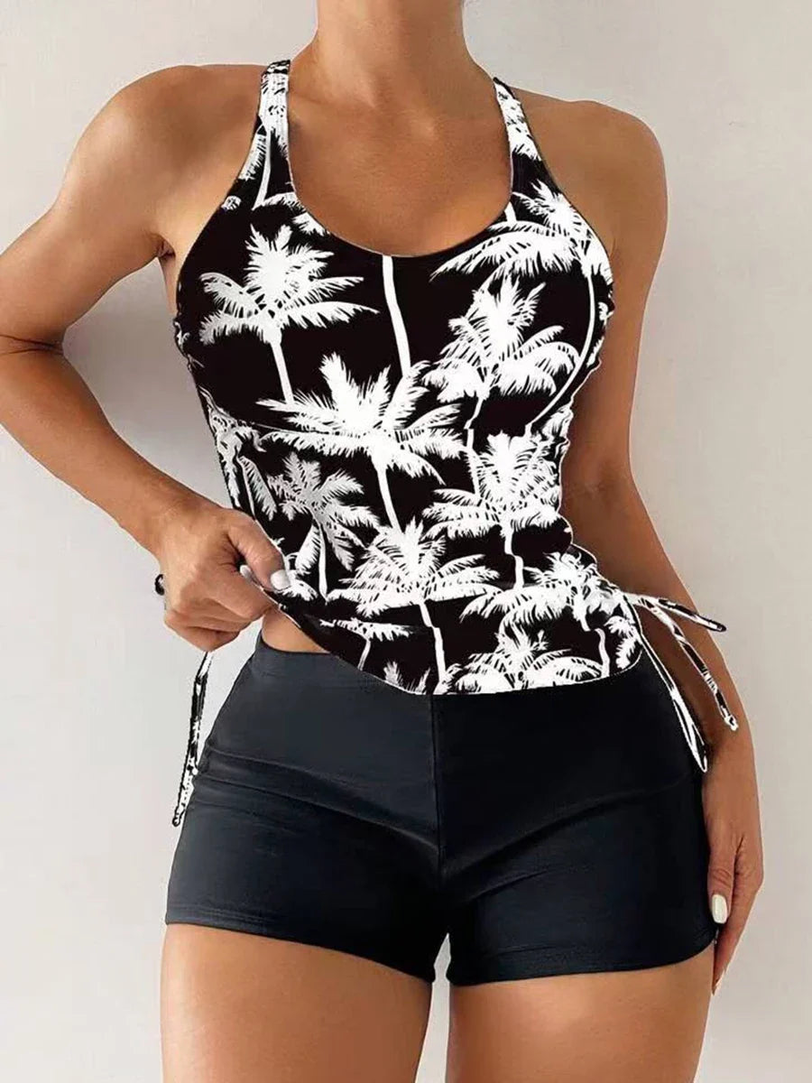 Maya | Dames Tankini Tweedelig Palmprint Criss-Cross Boyshort Strand